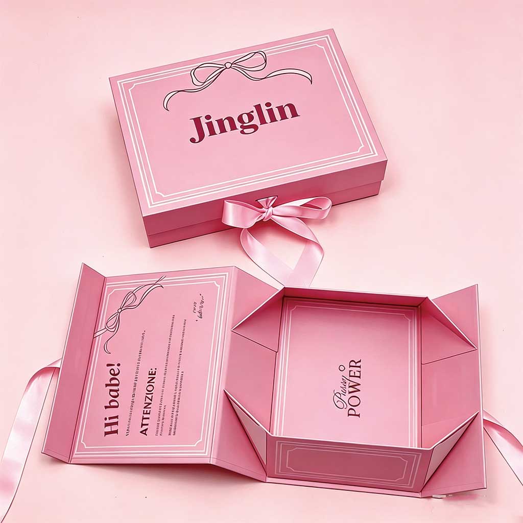 Pink custom magnetic folding box with ribbon – ideal for cosmetics and perfume packaging