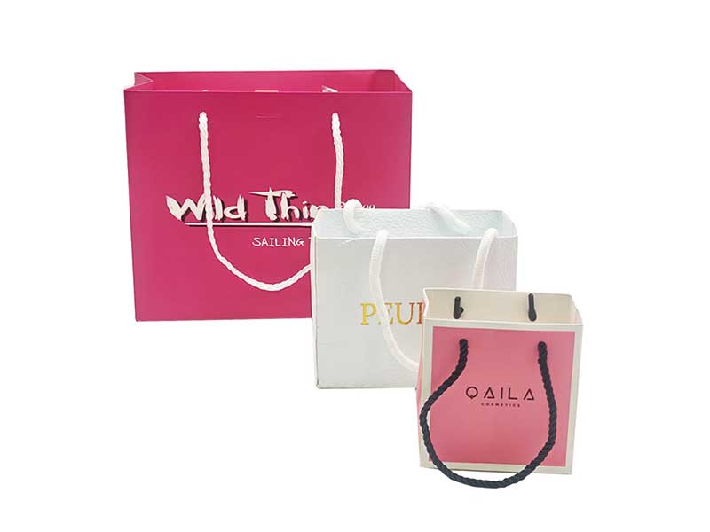 Custom art paper bag for cosmetic packaging with silk ribbon handle