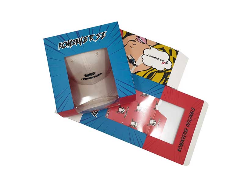 Custom folding paper boxes with plastic window for hat packaging