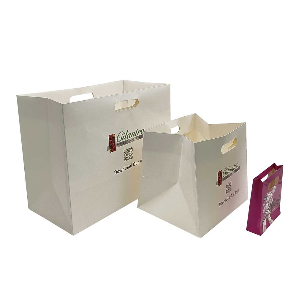 Full-color CMYK printed die cut paper bags – custom branding for boutiques and gift shops