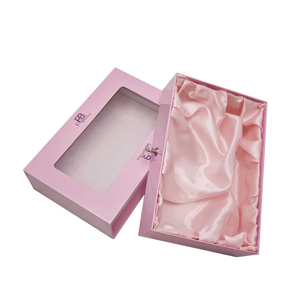 Rigid drawer boxes with crystal handle and plastic window – outer sleeve with inner tray