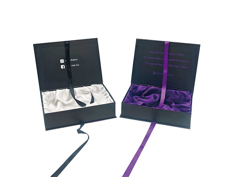 Magnetic gift boxes with silk ribbon and insert for luxury gifting