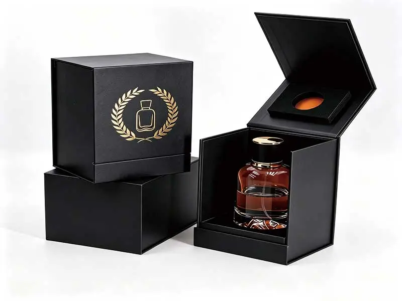Customized luxury perfume flip box with gold foil and magnetic closure