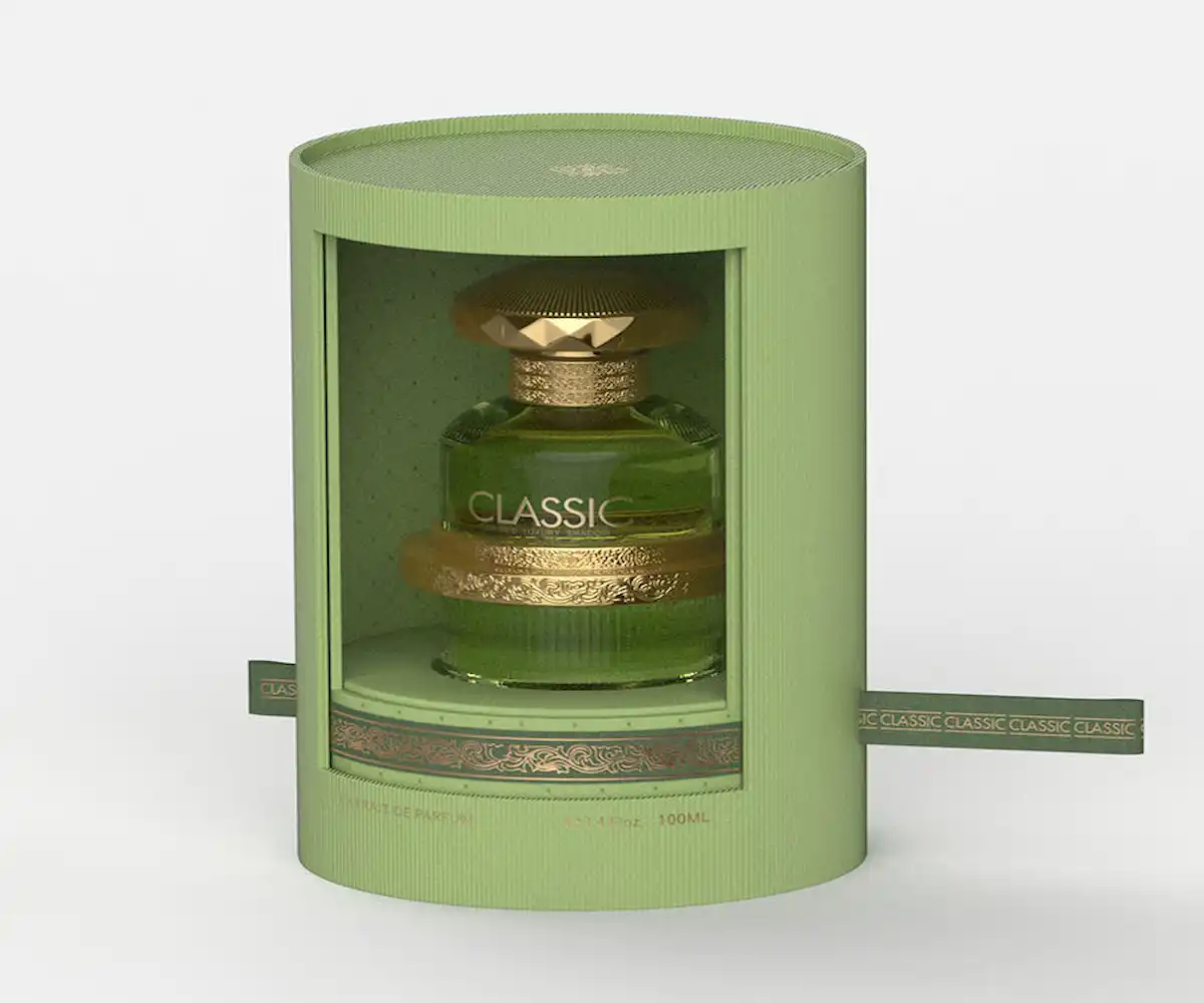 Custom design round perfume bottle packaging – cylindrical rigid box with PET window and CMYK printing