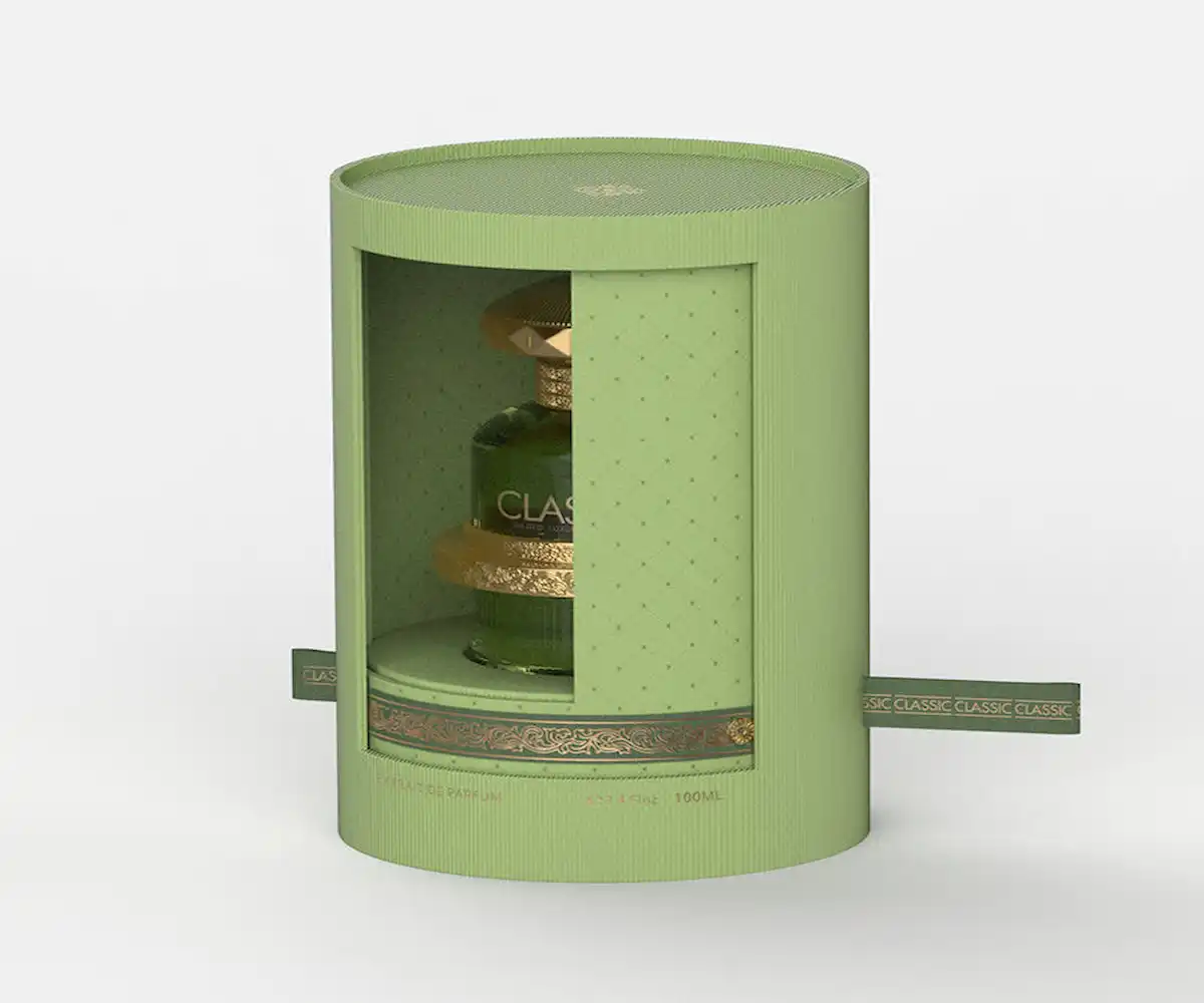 High-end round perfume packaging boxes with matt lamination – 157gsm coated paper over 1200gsm grey board