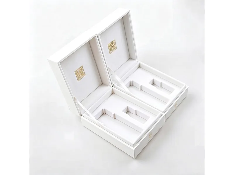 Custom perfume flip top box with hinged lid and satin ribbon stay